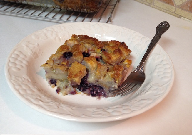 Blueberry Bosc Pear and White Chocolate Bread Pudding
