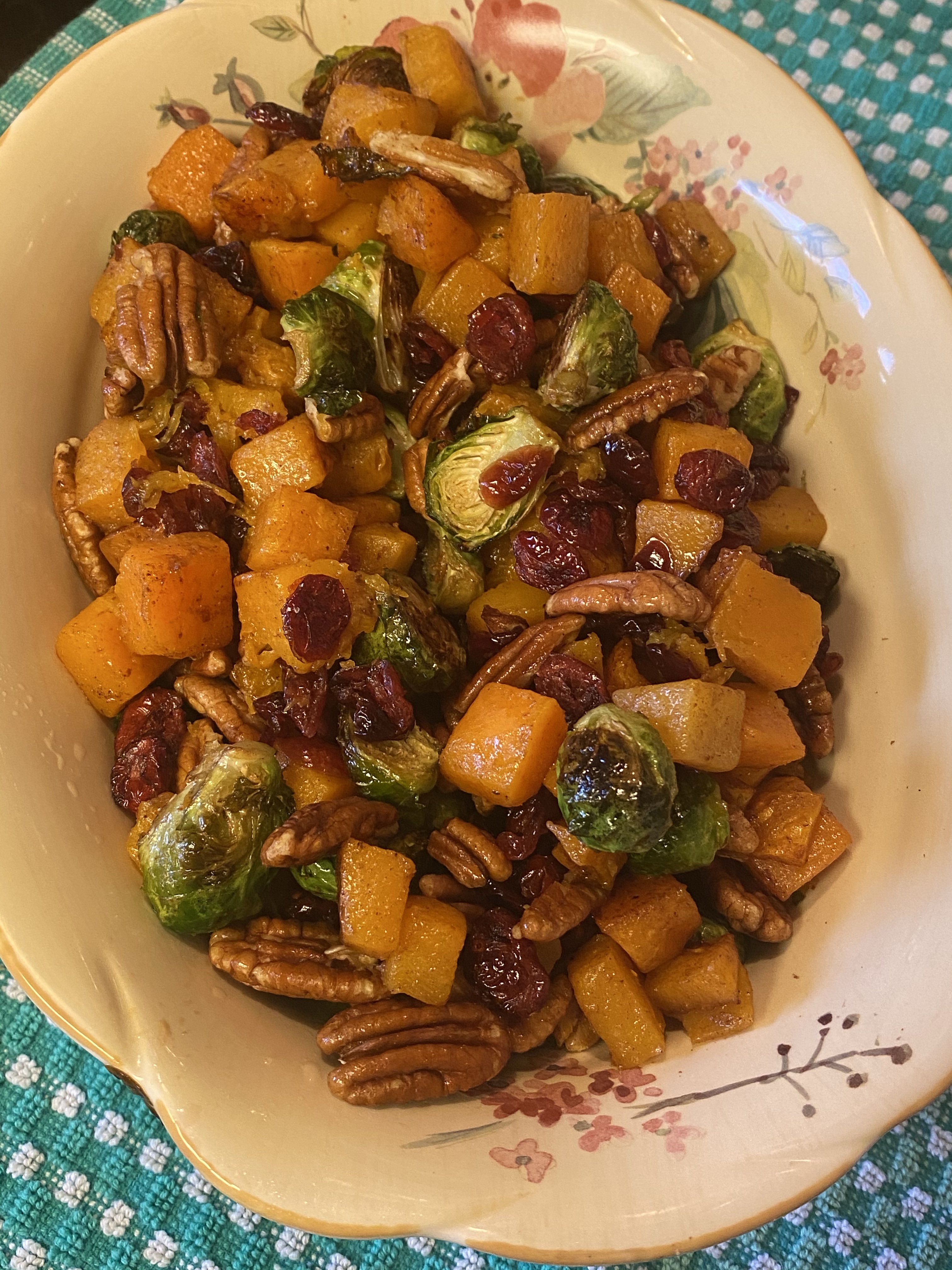 Roasted Brussels Sprouts and Butternut Squash with Pecans and Cranberries