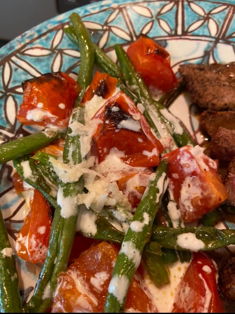 Roasted Green Beans & Tomatoes with a Garlic Sour Cream Sauce