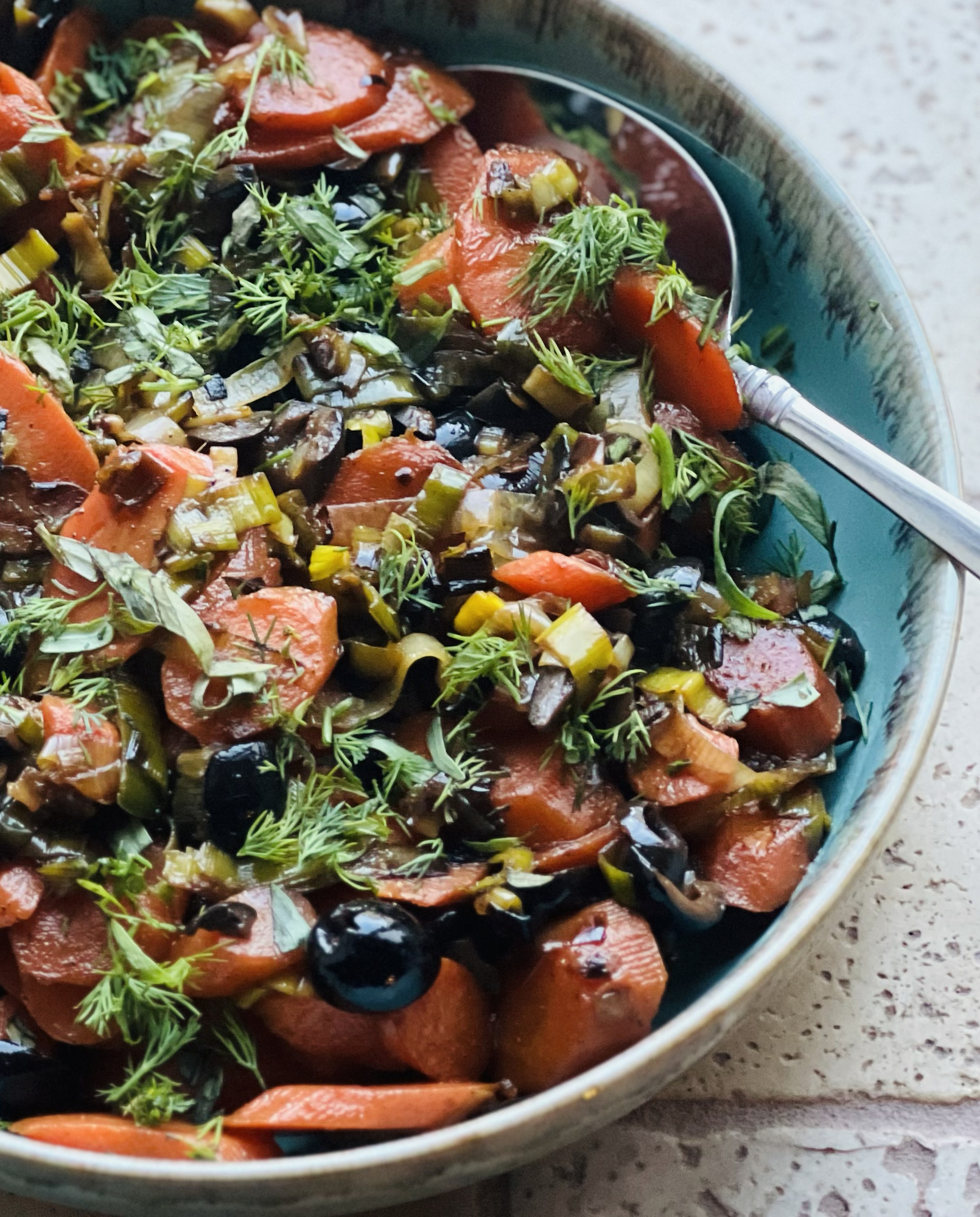 Braised Carrots And Leeks With Olives And Herbs