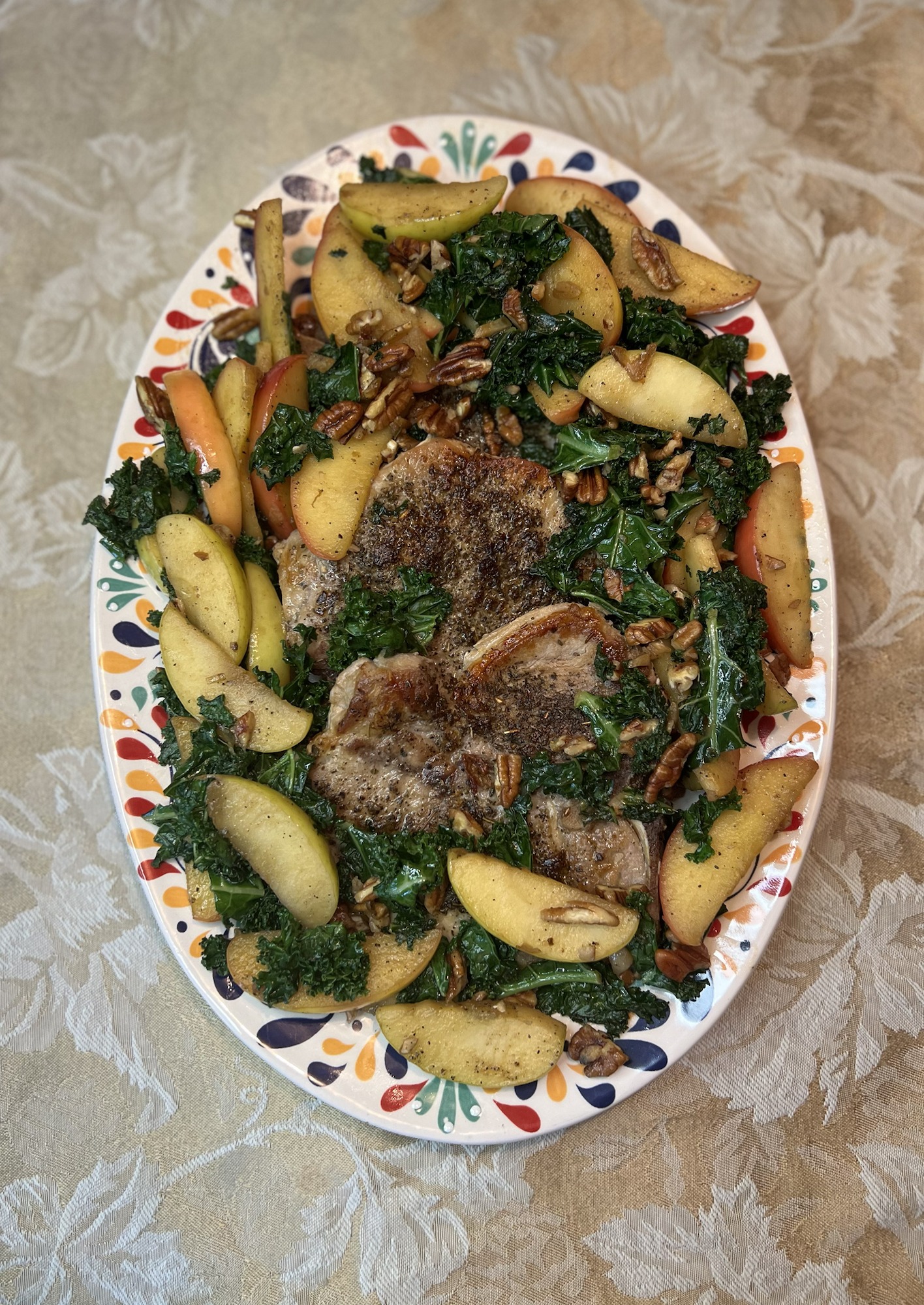 Sage-Rubbed Pork Chops with Sautéed Cardamon Apples and Kale