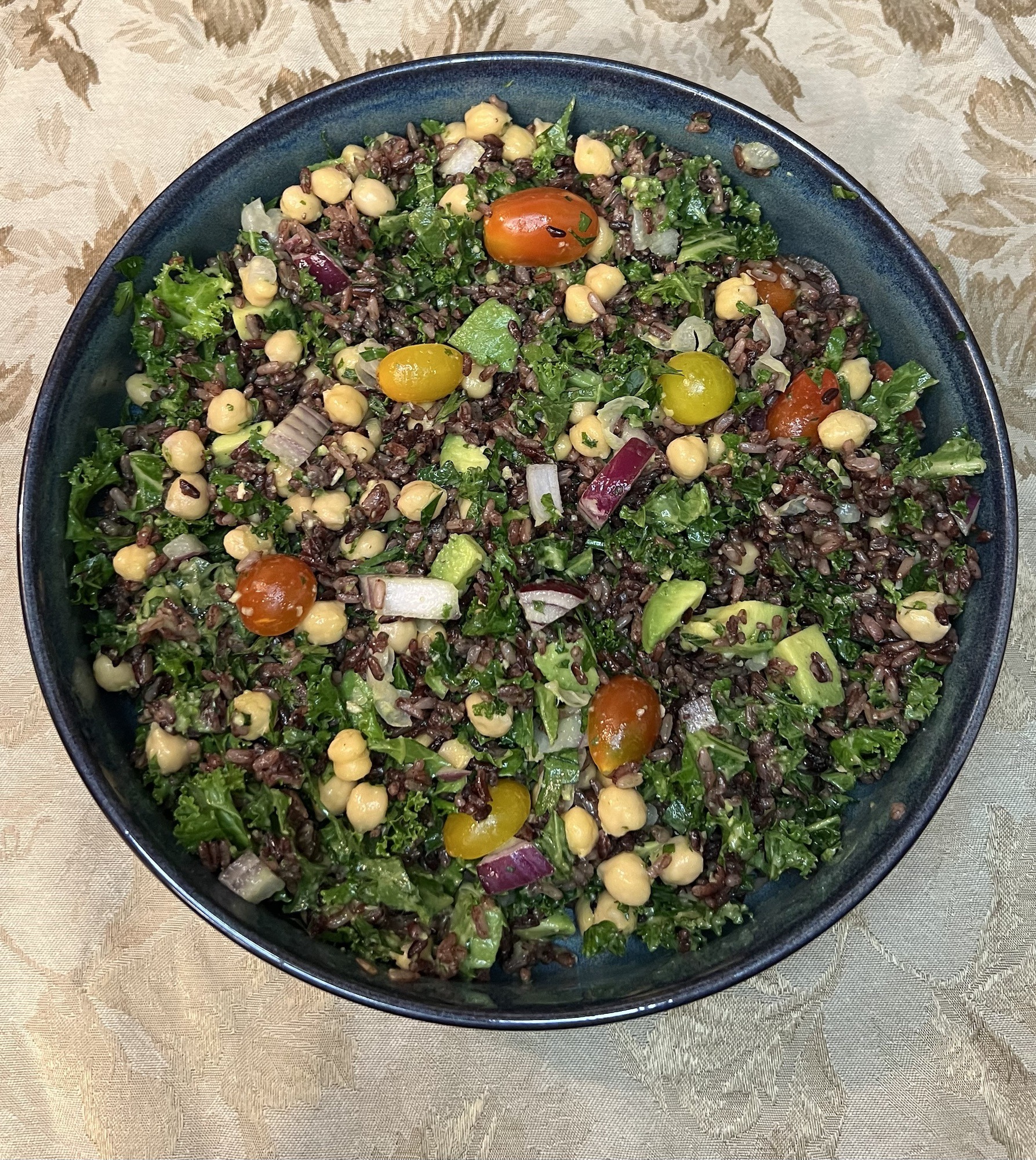 Chickpea Kale And Crispy Rice Salad With Avocado Herb Vinaigrette