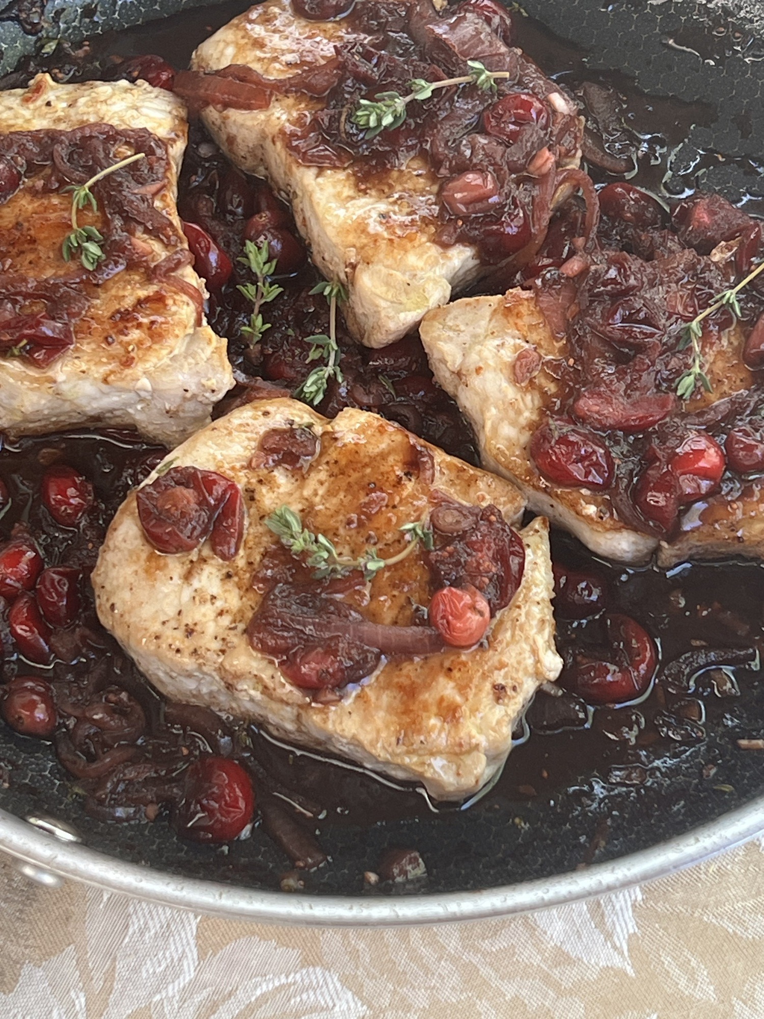 One-Skillet Pork Chops and Cranberry Shallot Sauce
