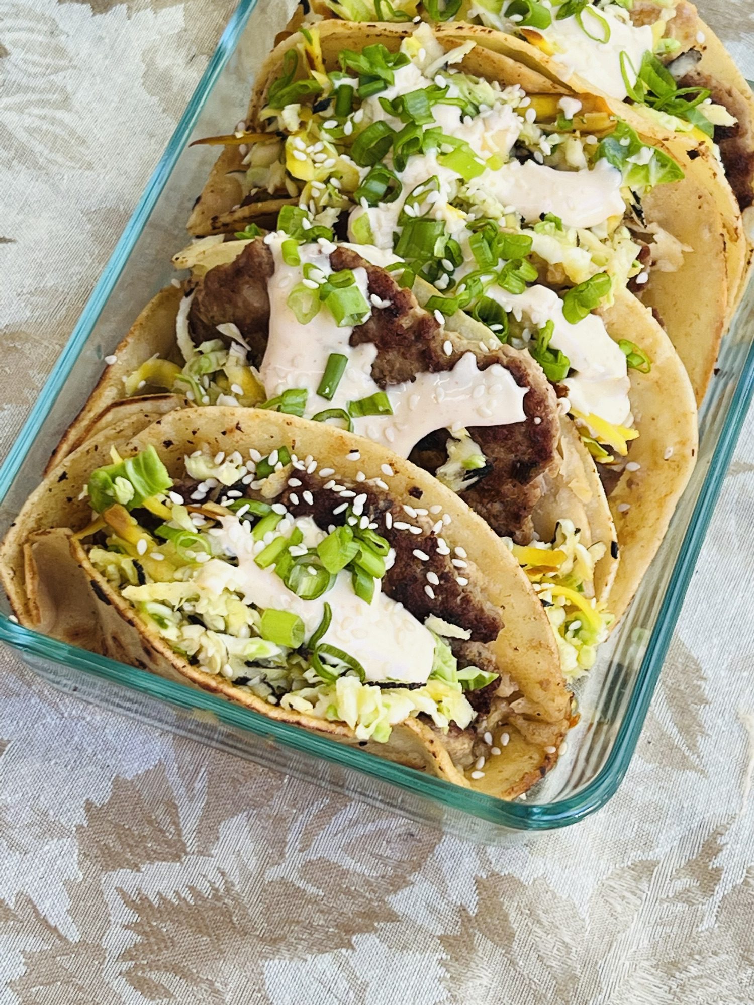 Asian-Inspired Smashed Turkey Tacos with Quick-Pickled Vegetables & Sriracha Mayo