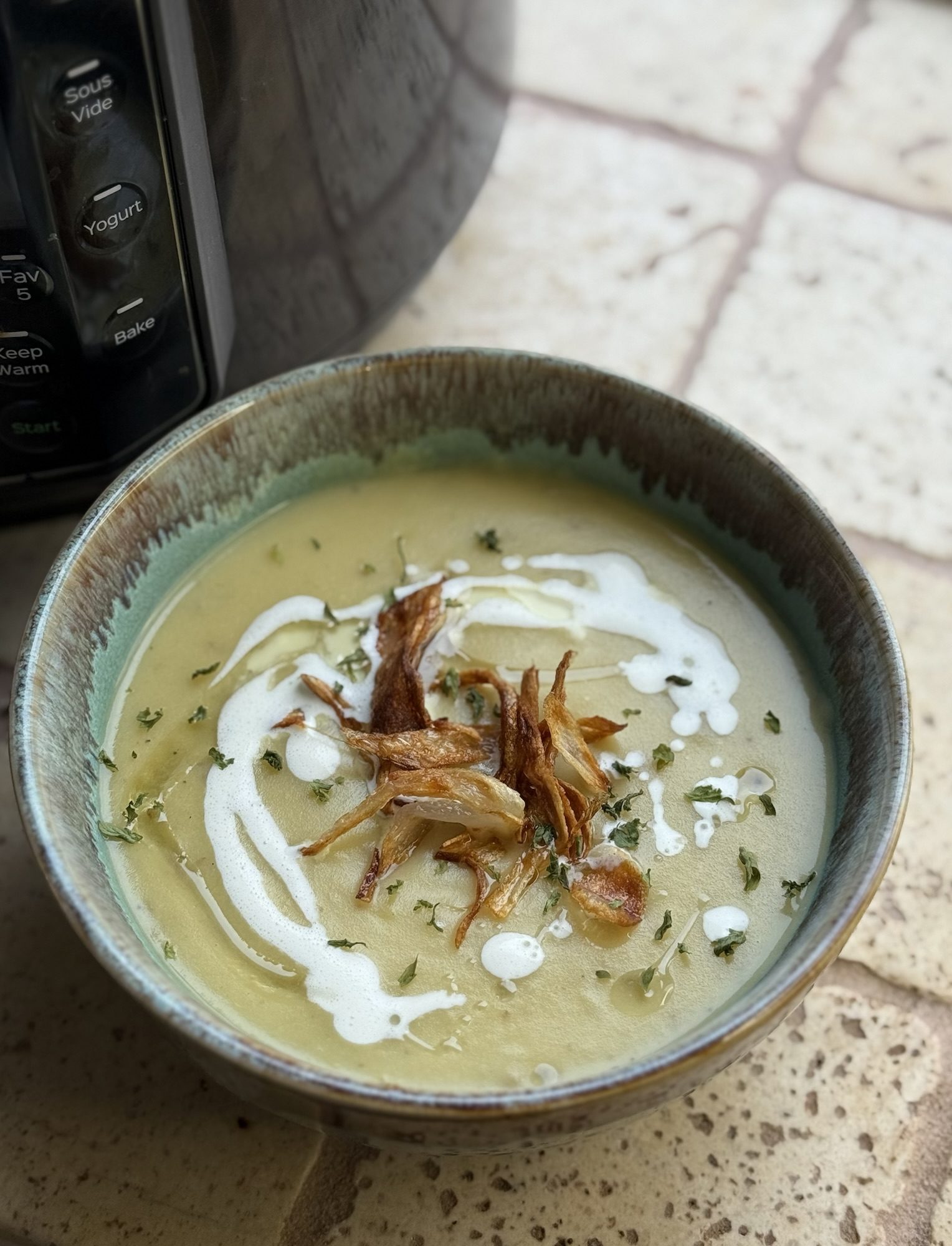 Instant Pot Creamy Leek and Potato Soup with Crispy Shallots