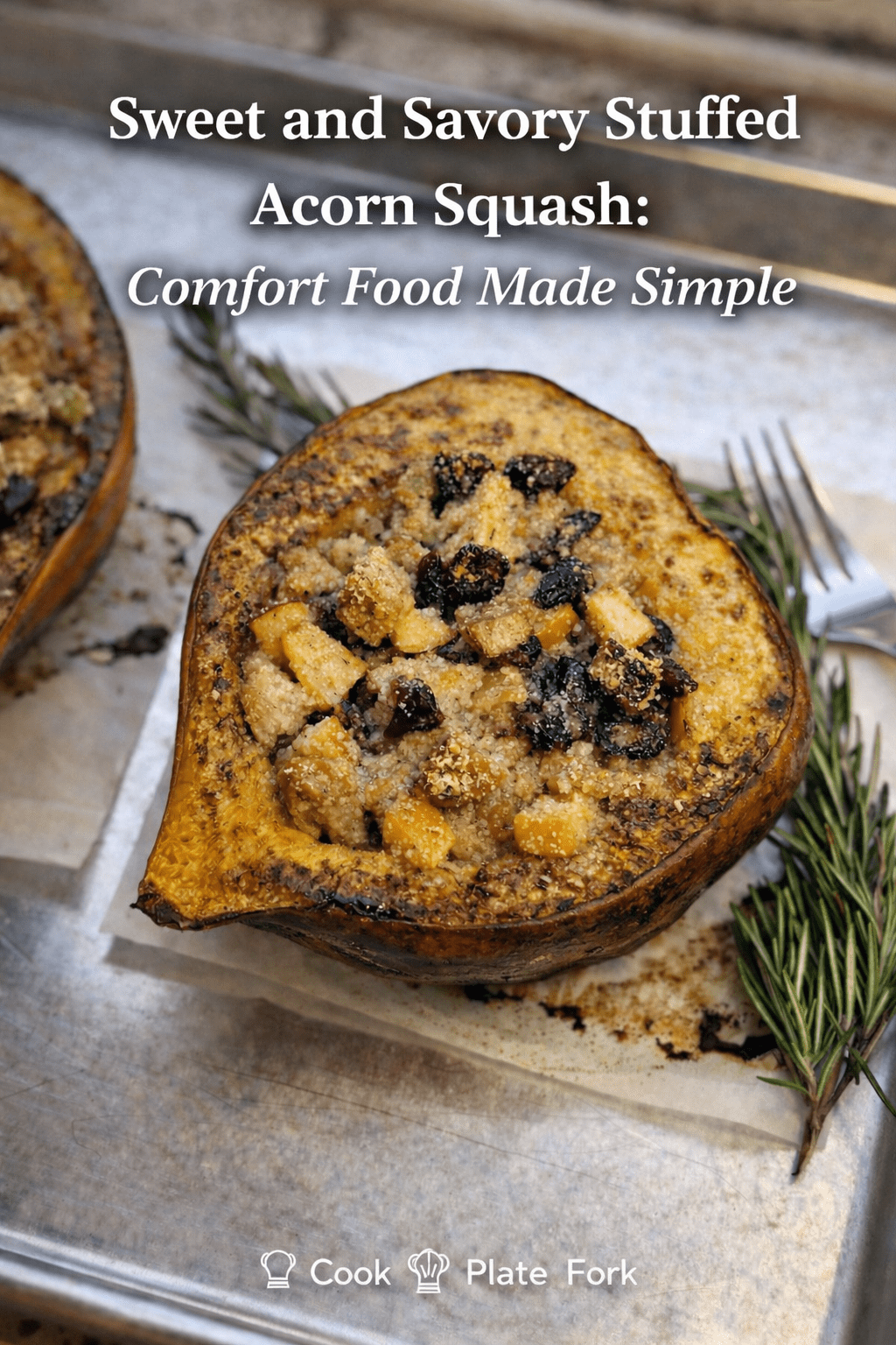 Sweet and savory stuffed acorn squash filled with chicken sausage, apples, cranberries, and breadcrumbs, baked until golden and served on a sheet pan with rosemary