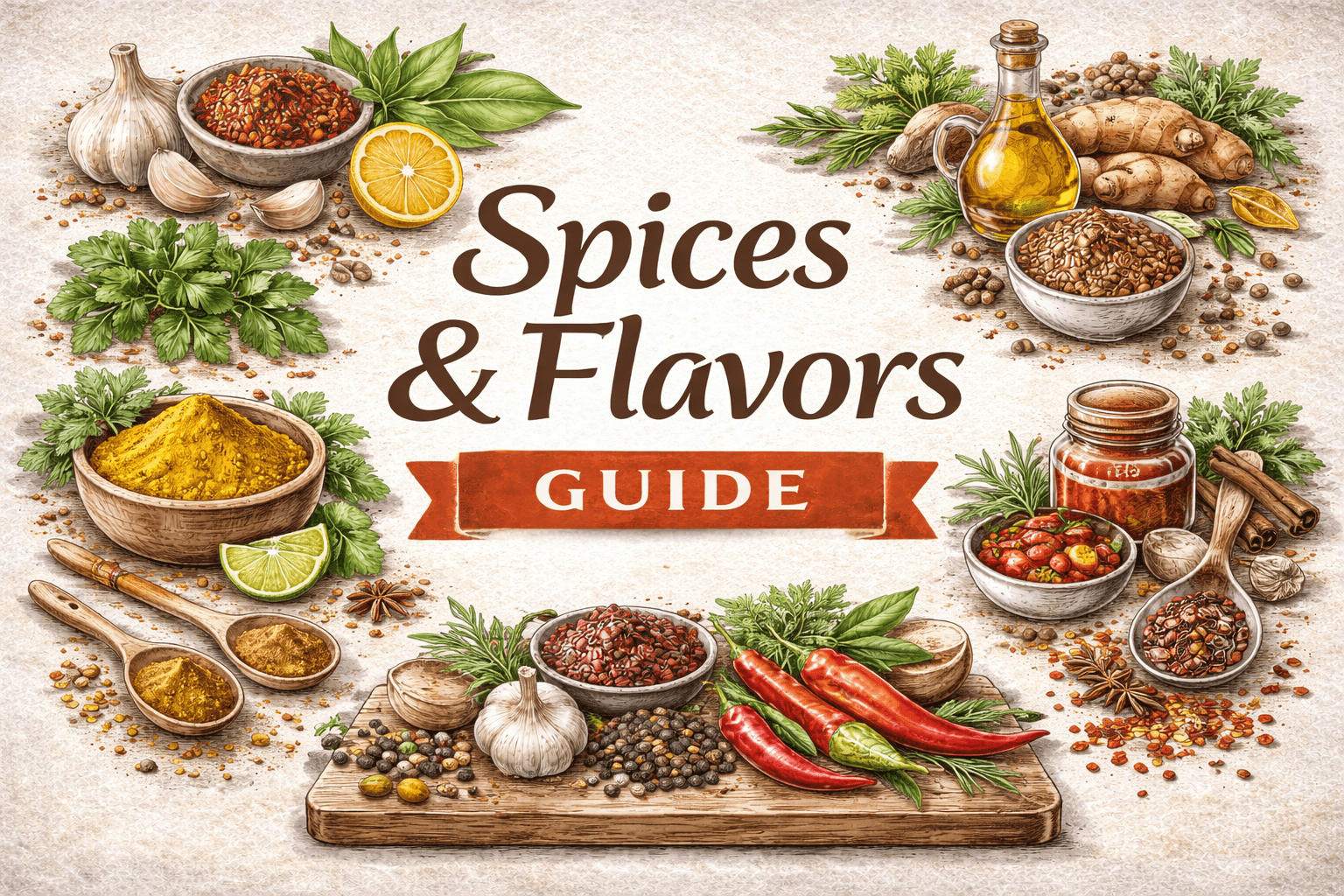 A vibrant digital illustration of global spices and flavor elements including chilies, garlic, herbs, and seasoning bowls, representing the diversity of ingredients featured in the Spices & Flavors Guide.