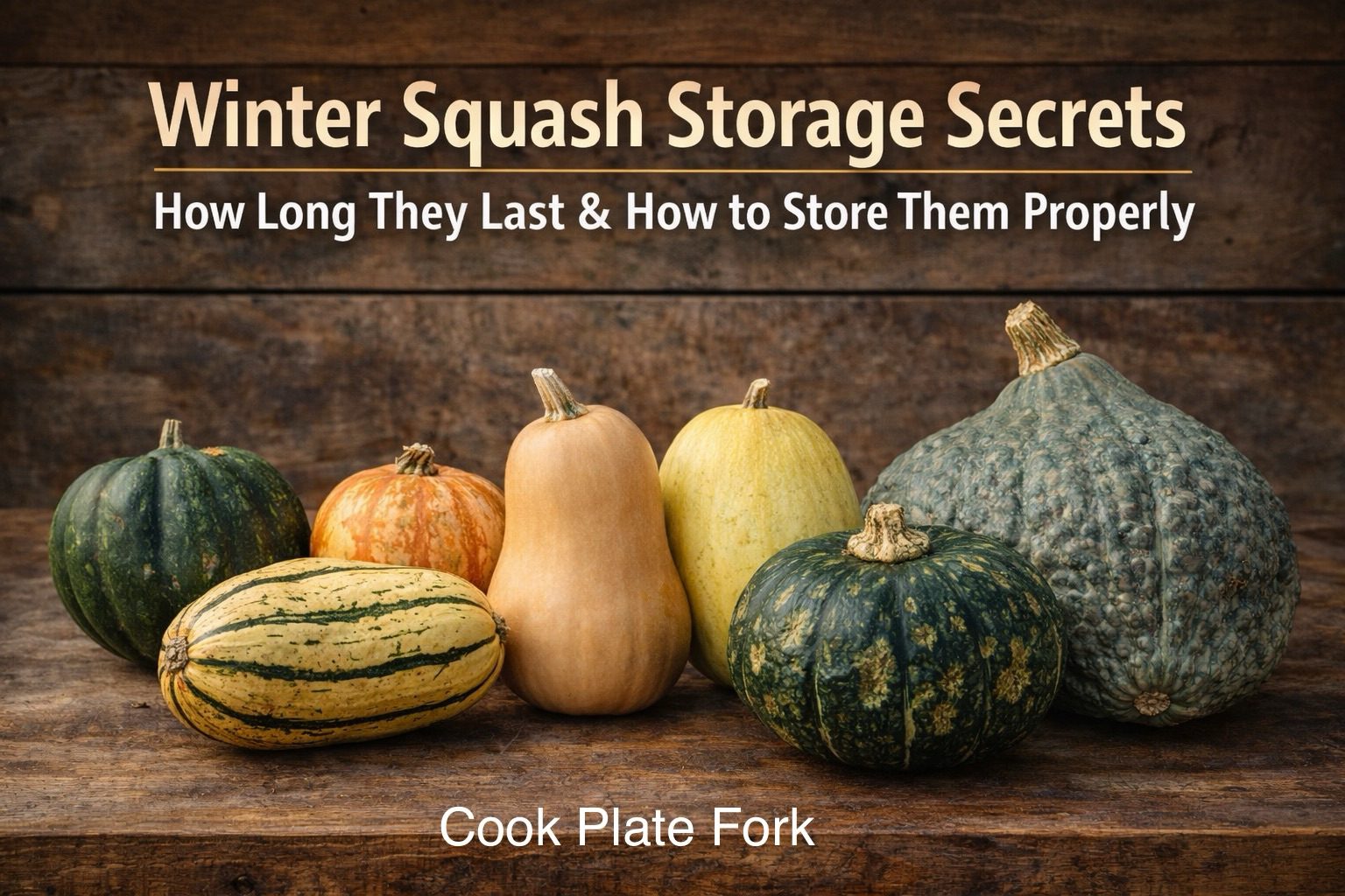 Assorted winter squash varieties displayed on a rustic wooden surface with the title “Winter Squash Storage Secrets” and Cook Plate Fork branding