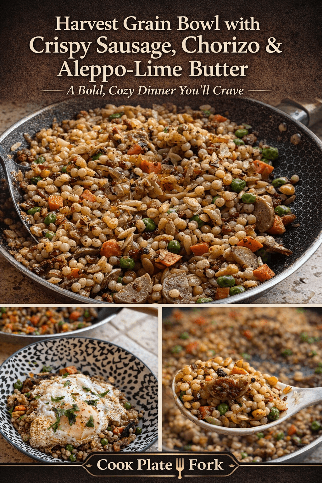 Collage showing Harvest Grain Bowl with Trader Joe’s Harvest Blend, crispy chicken sausage, pork chorizo, peas, carrots, and Aleppo-lime butter. Includes skillet shot, plated bowl with fried egg, and spoon close-up. Text overlay reads: Harvest Grain Bowl with Crispy Sausage, Chorizo & Aleppo-Lime Butter – A Bold, Cozy Dinner You’ll Crave