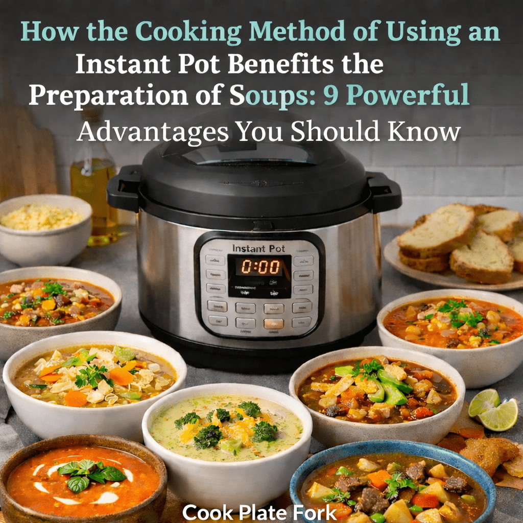 Instant Pot on a kitchen counter surrounded by assorted bowls of soup with the title “How the Cooking Method of Using an Instant Pot Benefits the Preparation of Soups” and Cook Plate Fork branding
