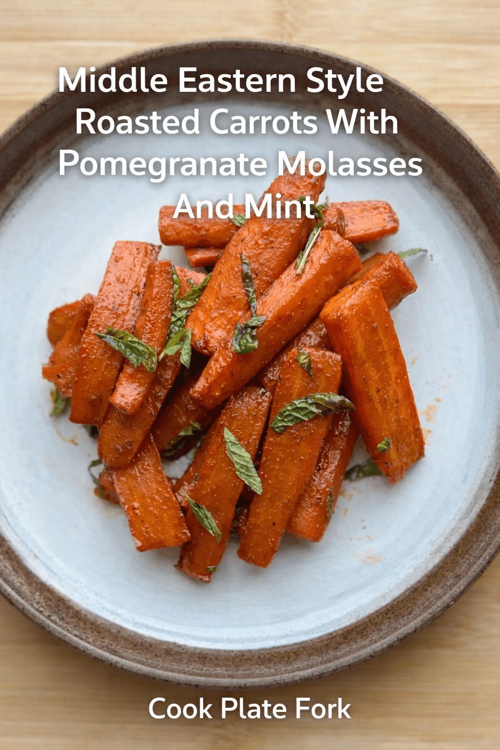 Middle Eastern roasted carrots with pomegranate molasses and fresh mint on a ceramic plate.