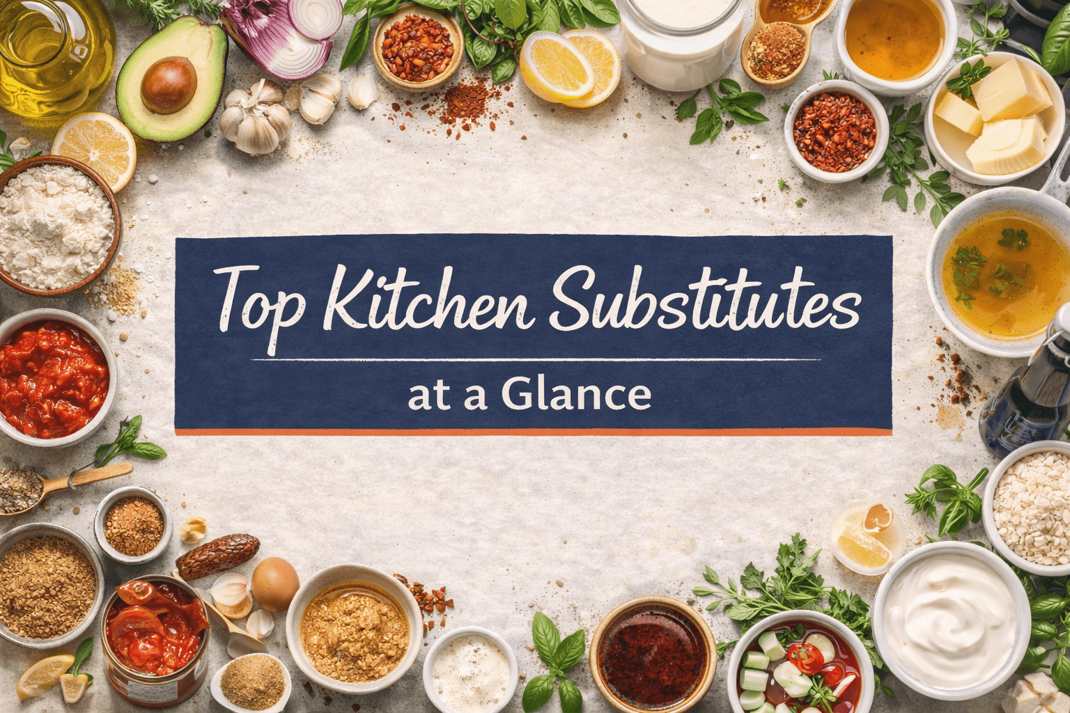 A promotional digital banner for a kitchen substitution guide, featuring assorted fresh produce, cooking utensils, and labeled ingredients like flour, herbs, and spices on a rustic countertop background.