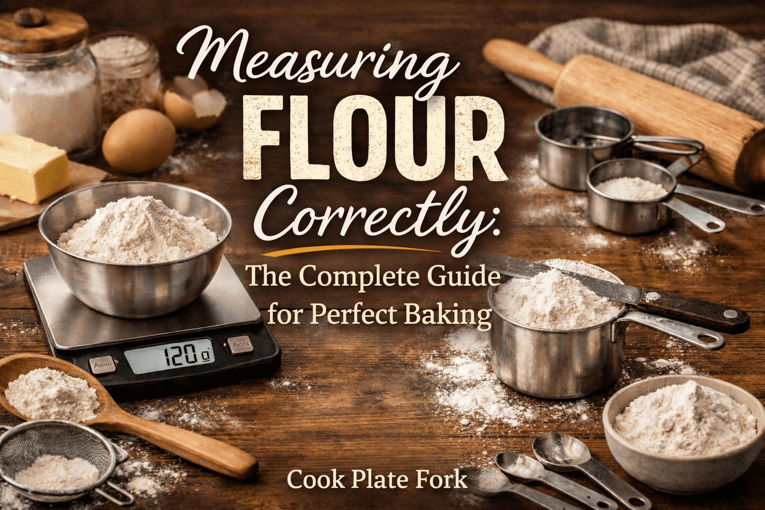 Rustic kitchen scene showing flour being weighed at 120 grams on a digital scale alongside measuring cups, baking tools, and the text “Measuring Flour Correctly” displayed prominently