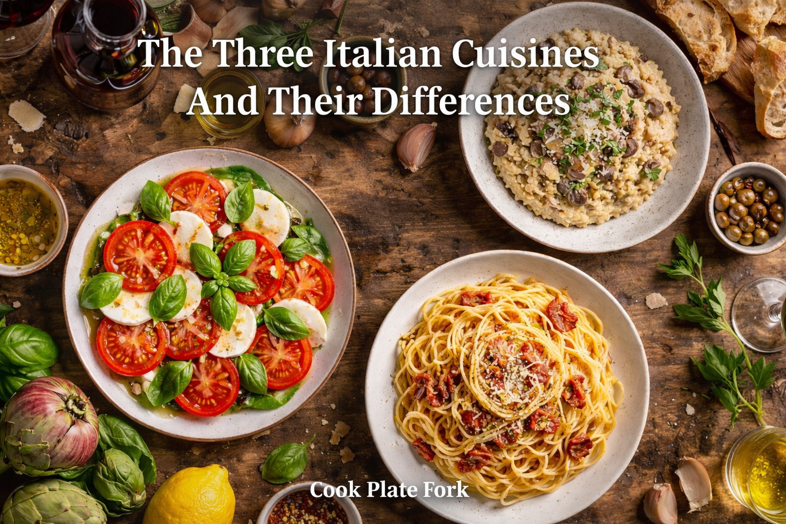 Italian cuisine regions illustrated with risotto, pasta, and caprese salad with title overlay and Cook Plate Fork branding