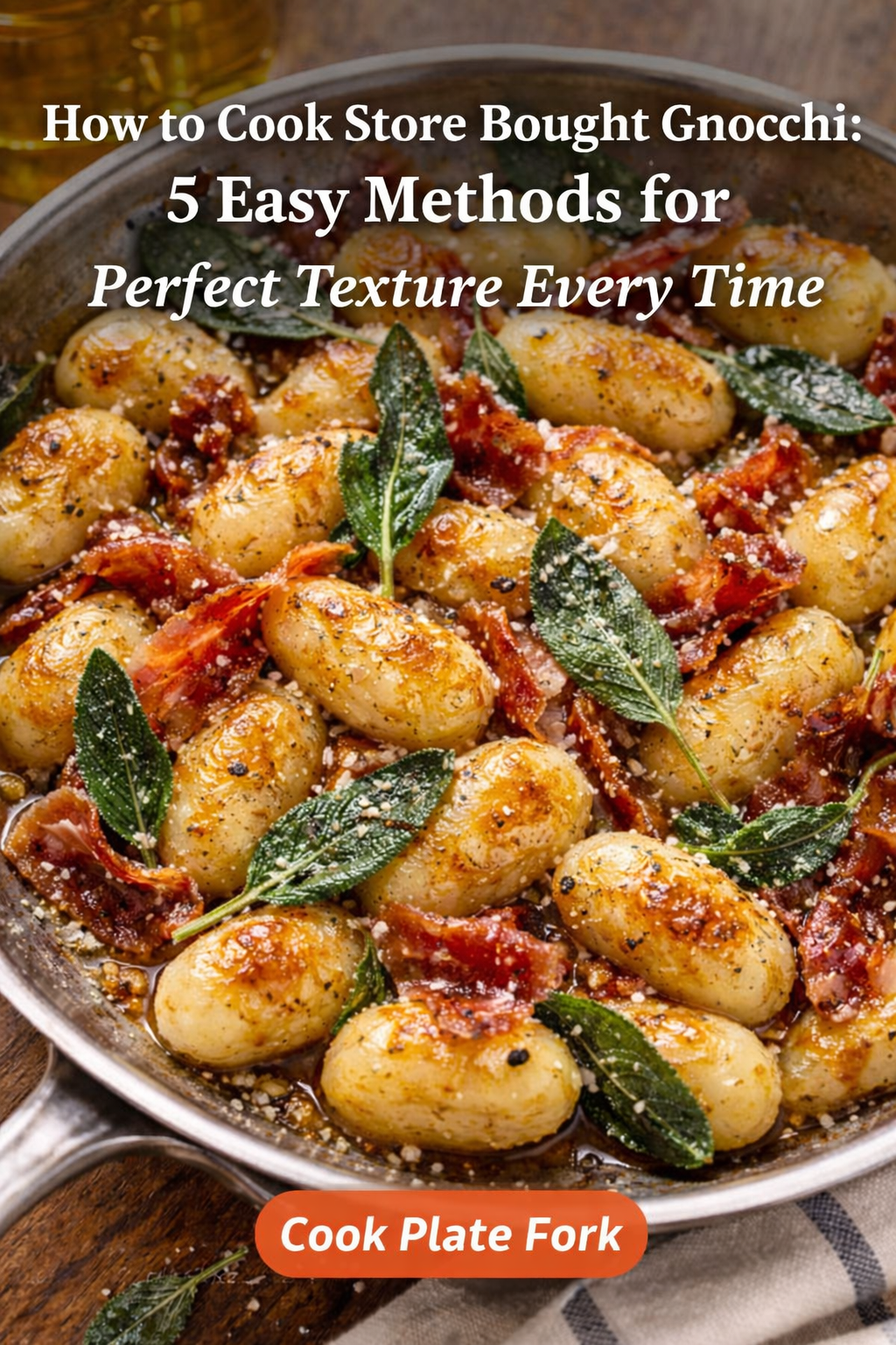 Golden crispy gnocchi cooked in brown butter with sage and crispy prosciutto in a skillet, showing glossy texture and perfect sear