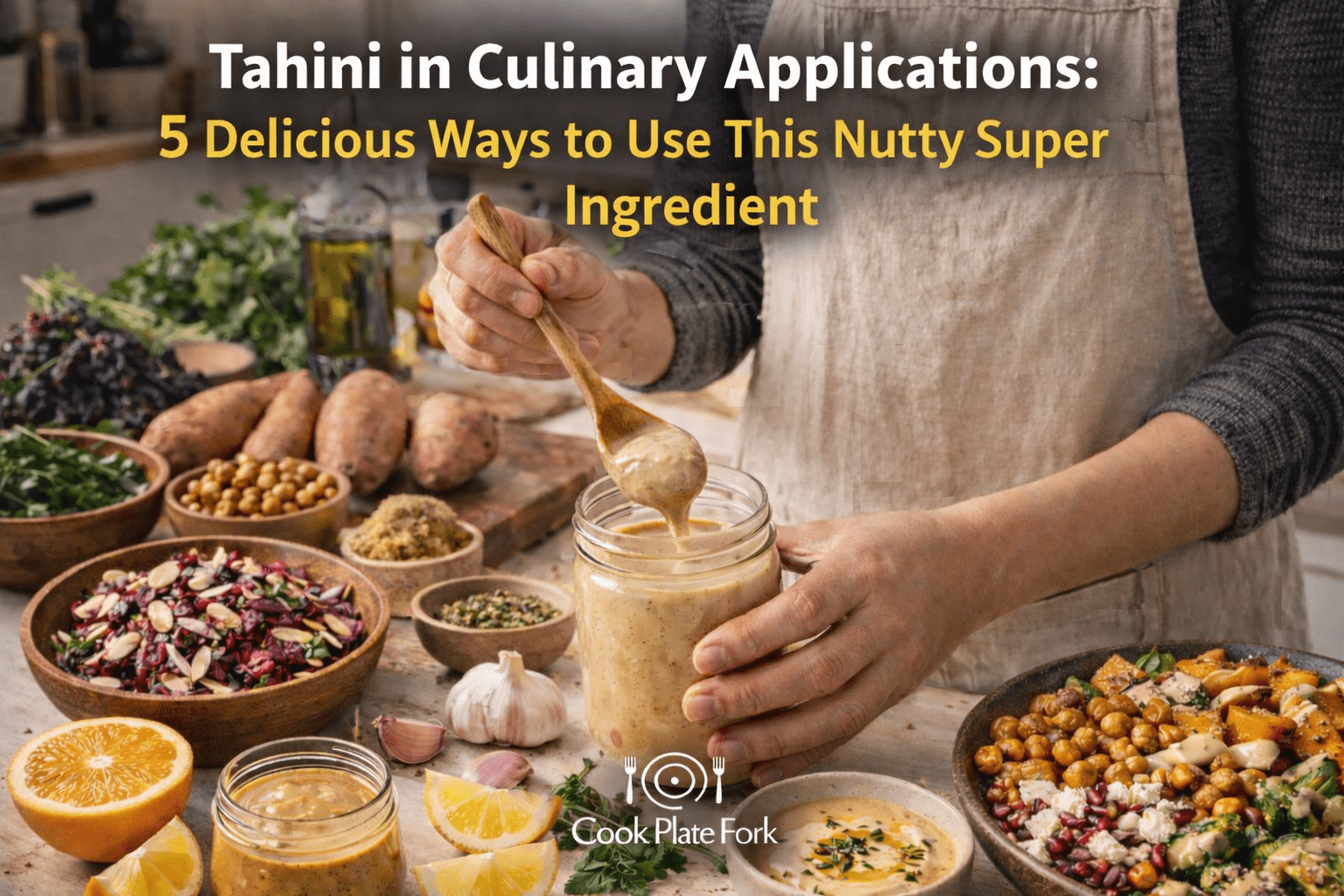 Home cook spooning tahini from a jar in a kitchen with fresh ingredients illustrating five culinary uses for tahini