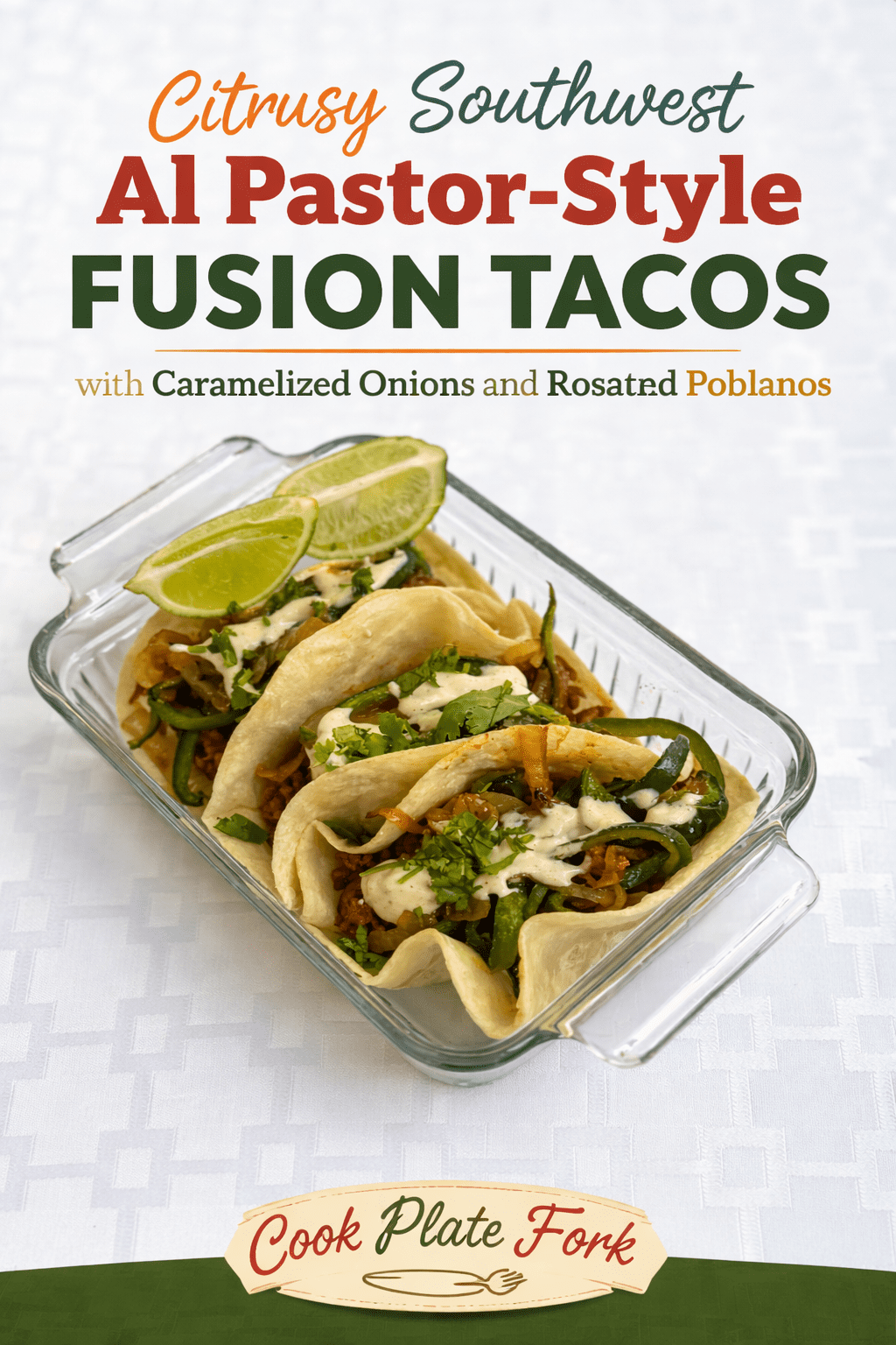 Citrusy Southwest Al Pastor-style fusion tacos served in soft flour tortillas, topped with caramelized onions, roasted poblano peppers, crema drizzle, fresh cilantro, and lime wedges in a glass dish with Cook Plate Fork branding.